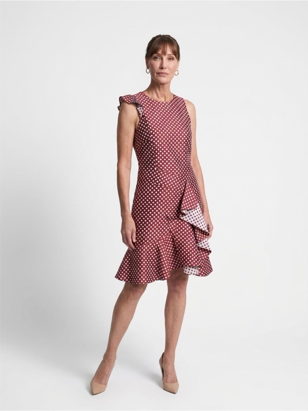 Keepsake Crimson Polka Dot Ruffle Dress Women's Sz Medium